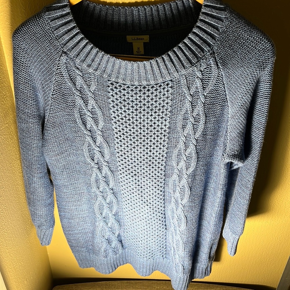LL Bean Women’s Cable Knit Waffle Weave 3/4 Sleeve Boatneck Sweater Color Blue